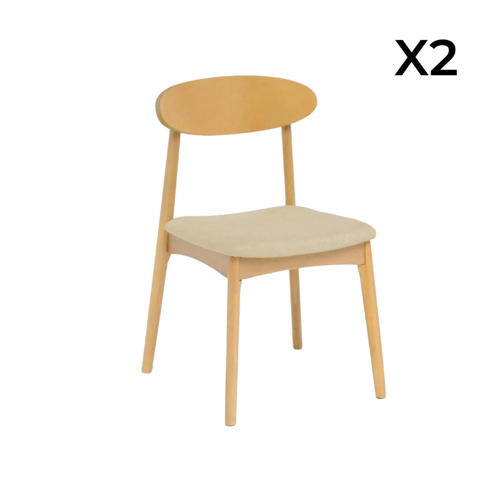Set 2 sedie vintage in legno di hevea naturale e tessuto, beige