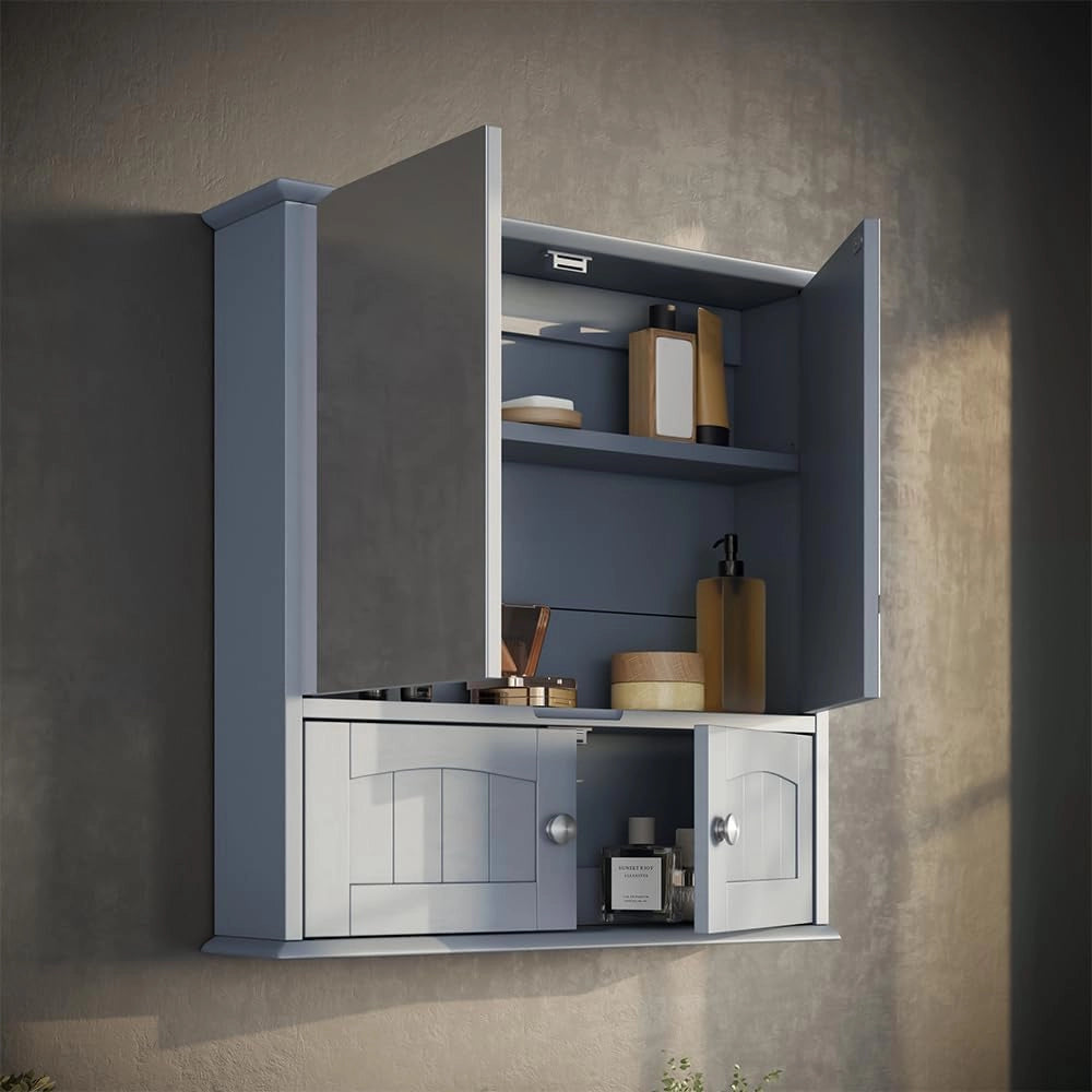 Specchio contenitore bagno Bianco, Grigio, 56 x 58 cm, per montaggio a parete con ripiano interno regolabile in altezza