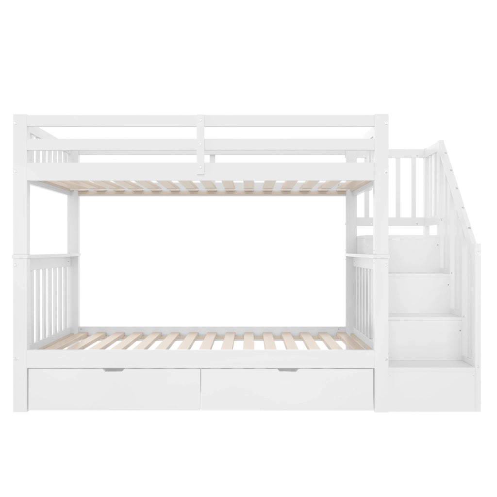 LETTO a castello con scala e 2 cassetti 90x200 cm in pino e MDF bianco