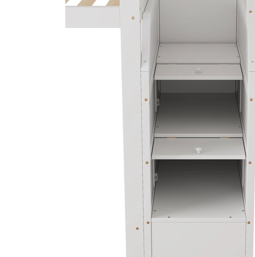 Letto a soppalco per bambini 90x200 cm con rete a doghe; scala contenitore e barriera; bianco