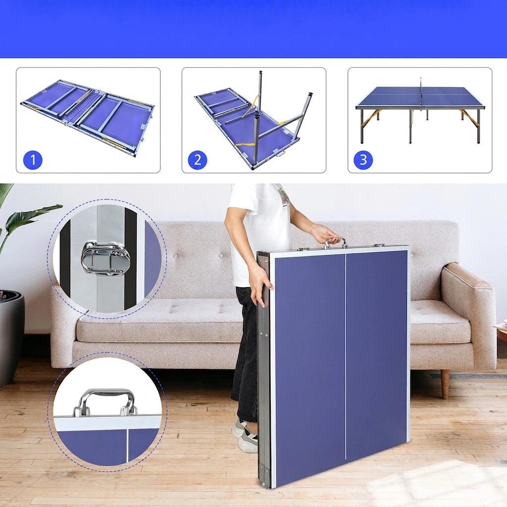 Tavolo da Ping Pong Pieghevole 152;4×66×66 cm con 6 Gambe; Rete; 2 Racchette e 3 Palline; Blu