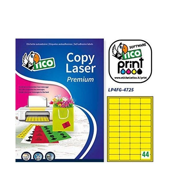 Etichette giallo fluo con angoli arrotondati tico copy laser 47,5x25,5 mm 44 et/foglio - conf. 70 fogli lp4fg-4725 - 102011