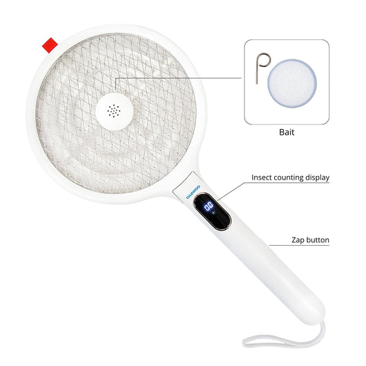 Racchetta Antizanzare Elettrica Pieghevole Ricarica USB Esca Inclusa | DAEWOO, Colore Bianco