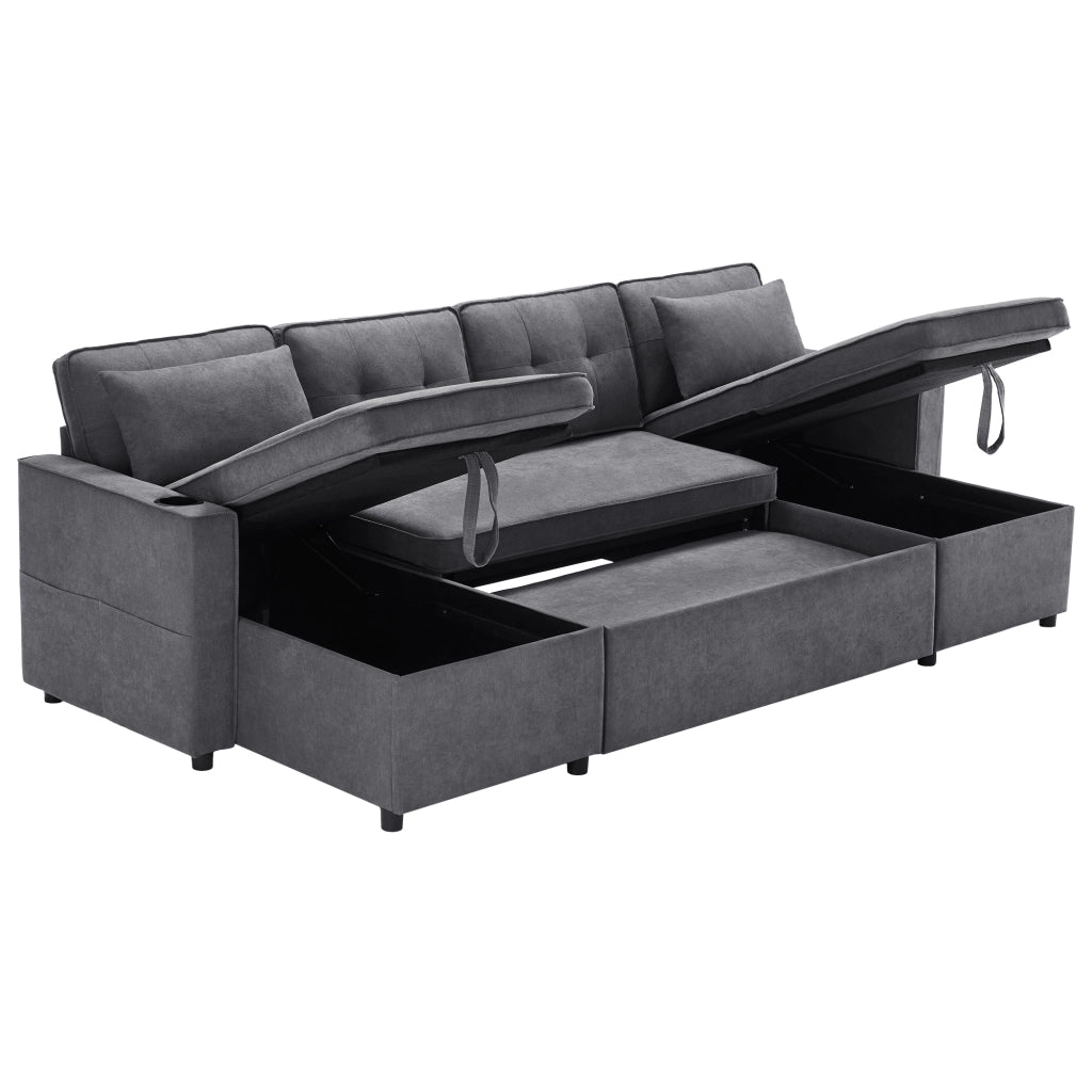 Divano letto U, trasformabile, in tessuto cotone e lino, con contenitori laterali, portabicchieri e 2 cuscini, grigio