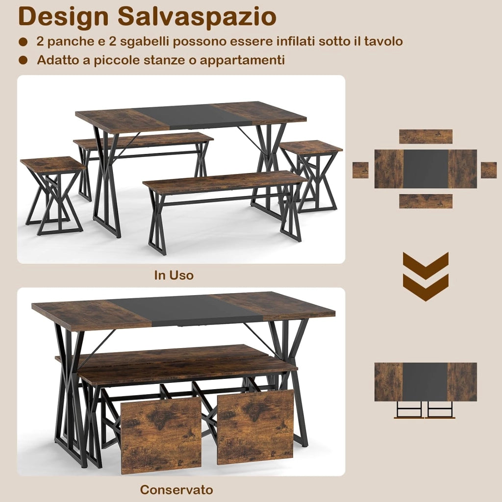 Set da Pranzo 5 Pezzi per 4-6 Persone, Tavoloda Cucina Rettangolare Industriale con 2 Panche e 2 Sgabelli, Set Pranzo Salvaspazio con Struttura in Metallo per Appartamento e Angolo Colazione