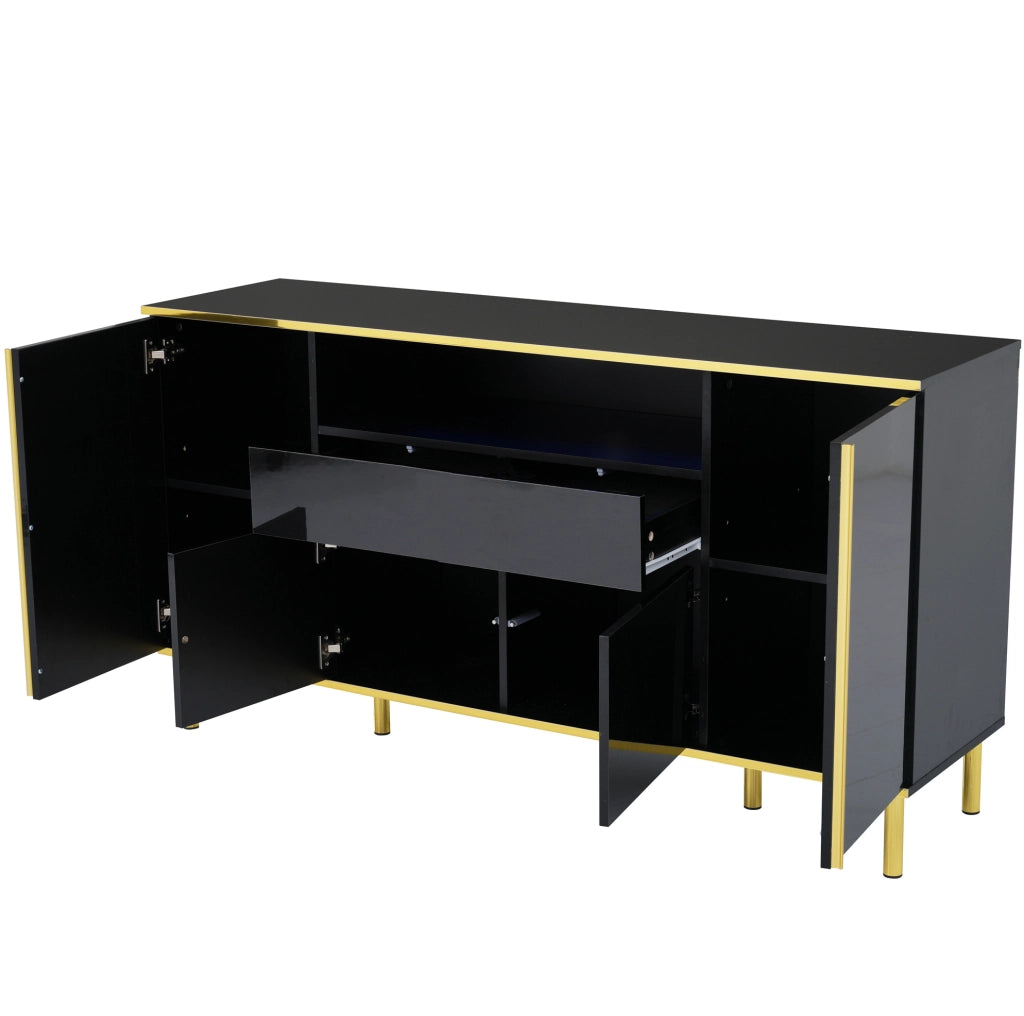 Sideboard nero lucido con 1 cassetto, 4 ante e illuminazione LED, 150x40x80 cm