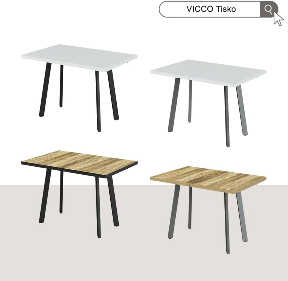 tavolo da pranzo allungabile Tisko, Bianco/Grigio, 160 x 80 cm con piano d'appoggio allungabile, estendibile fino a 160 cm con prolunga integrata