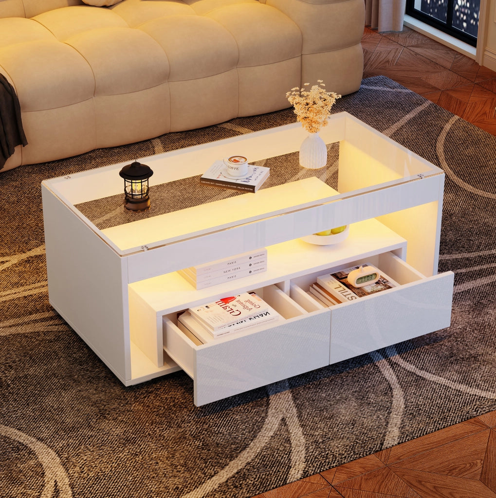 Tavolino da salotto moderno 100x50x40 cm in truciolare bianco con LED e piano in vetro temperato