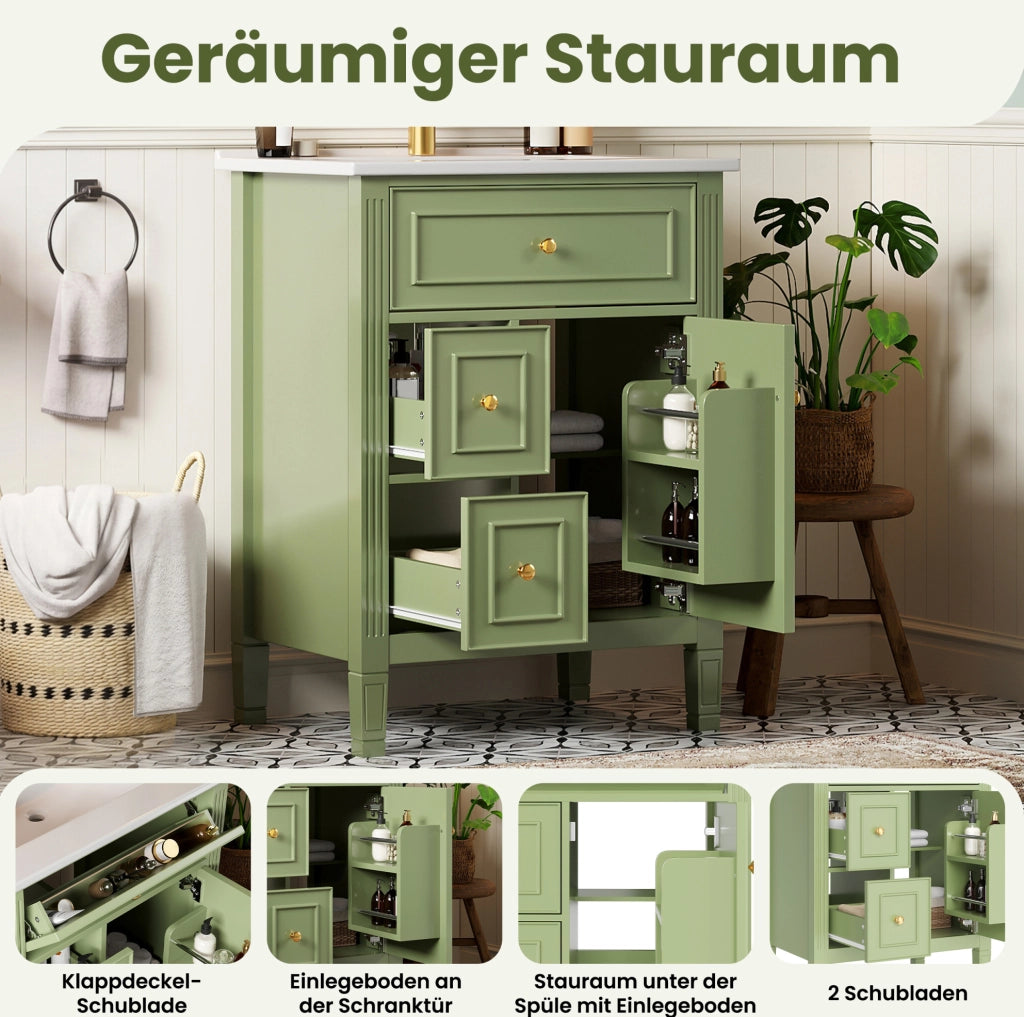 Mobile bagno freestanding 61 cm in MDF e ceramica; verde lucido; con lavabo e 2 cassetti