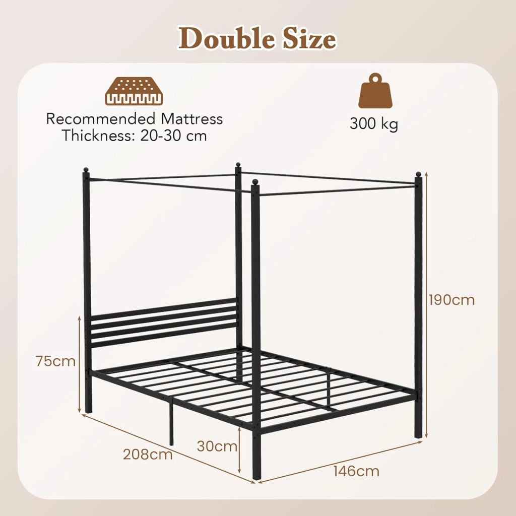 Telaio per letto a baldacchino 140 x 200 cm, letto matrimoniale con doghe in metallo, letto con piattaforma a barra silenziosa, ripostiglio sotto il letto, carico 300 kg