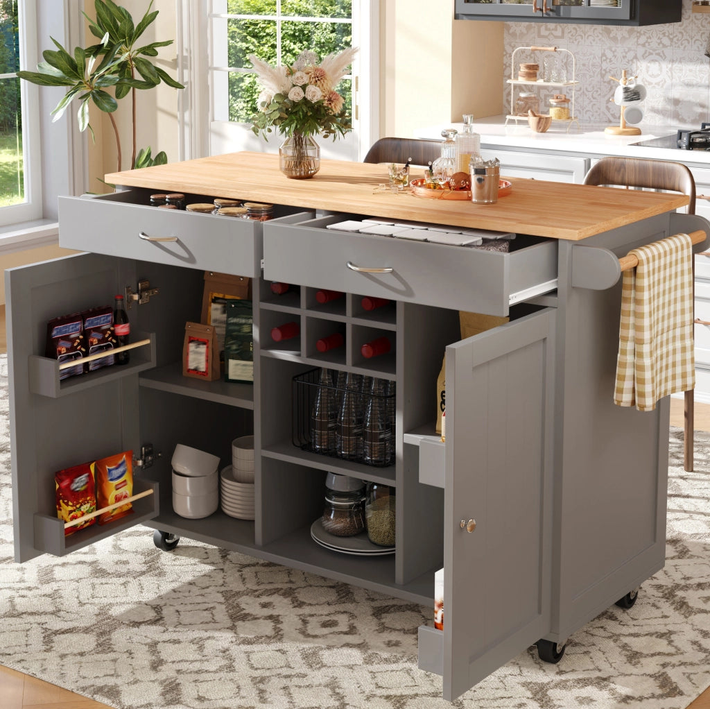 Isola da cucina mobile grigia 102x45x92 cm con portabottiglie