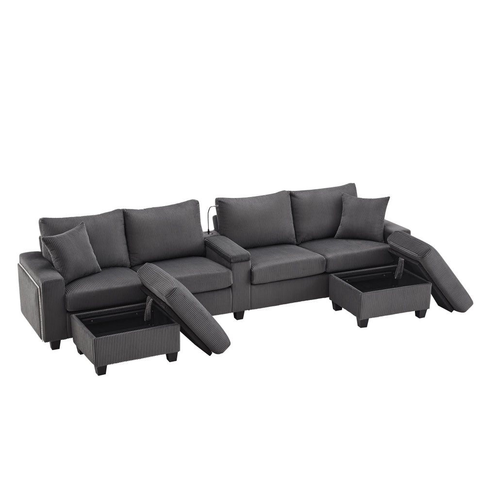 Divano a U 334x128.5x81 cm con LED; USB e Type-C in velluto a coste grigio