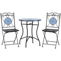 Set da Giardino 3 Pezzi, Tavolino e 2 Sedie Pieghevoli con Mosaico, Blu