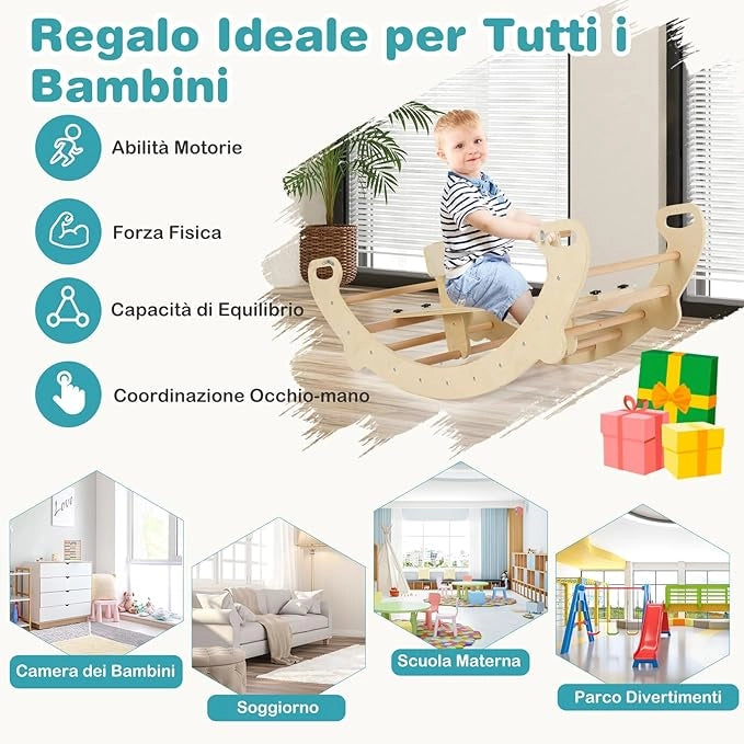 4 in 1 Arrampicata per Bambini, Arco Cavallo a Dondolo Multifunzionale in Legno, Dondolo a 35°, Ideale per Bambini 1-5 Anni, 112 x 52 x 44 cm (Naturale)