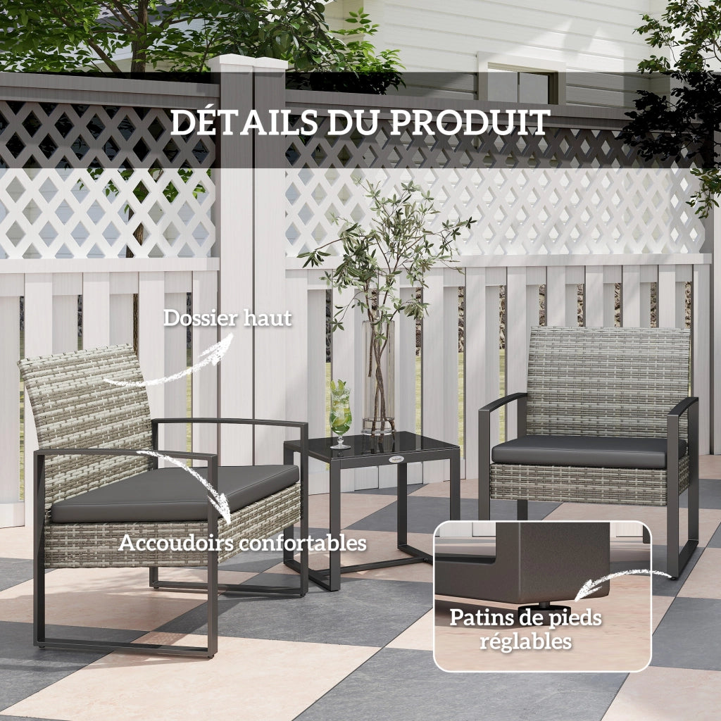 Set giardino 3 pezzi ¨C zephmum ¨C 2 sedie con cuscini + tavolino in vetro e polyrattan, grigio chiaro