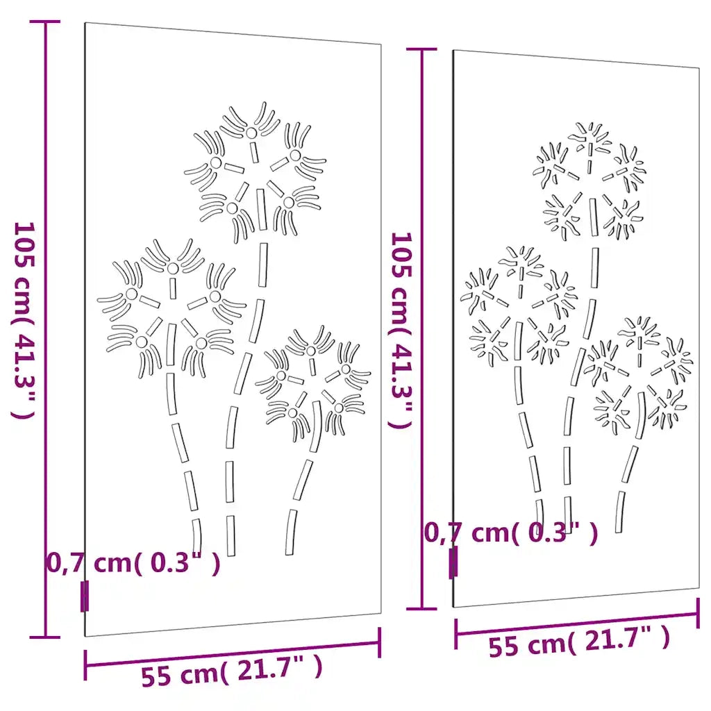 Decorazioni Muro da Giardino 2pz 105x55 cm Fiore Acciaio Corten 824487