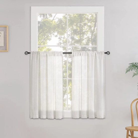 Vetrata in lino, semitrasparente, tenda a stecche, tenda per finestra, tenda per cucina, tenda per soggiorno, tenda per sala da pranzo, set da 2, 90 x 45 cm (b x h), bianco sporco