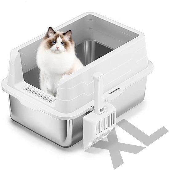 Cassetta per Gatti in Acciaio Inox, Semiaperta, Cassetta per Gatti in Metallo Rimosibile con Spazzola, Impronta di Olio, Antislitt, Facile da Pulire, Adatta per Gatti di Dimensioni Medie e Grandi (Grigio Chiaro)