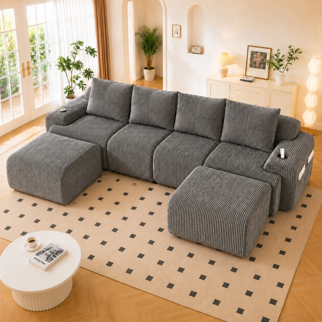 Divano modulare 4 posti con 2 pouf in velluto a coste grigio scuro
