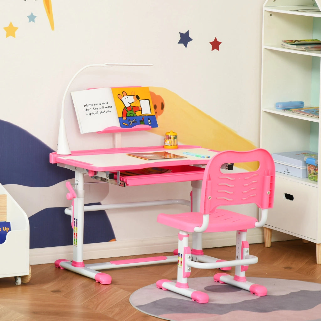 Set Scrivania per Bambini 6-12 Anni con Sedia Regolabile in Altezza, Cassetto, Luce e Piano Inclinabile, Rosa