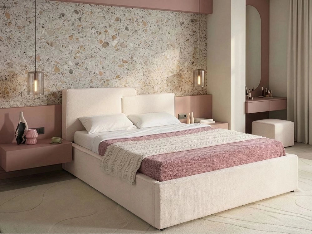 Letto contenitore imbottito in tessuto bianco sporco 180 x 200 cm testiera asimmetrica a gradini in stile scandinavo