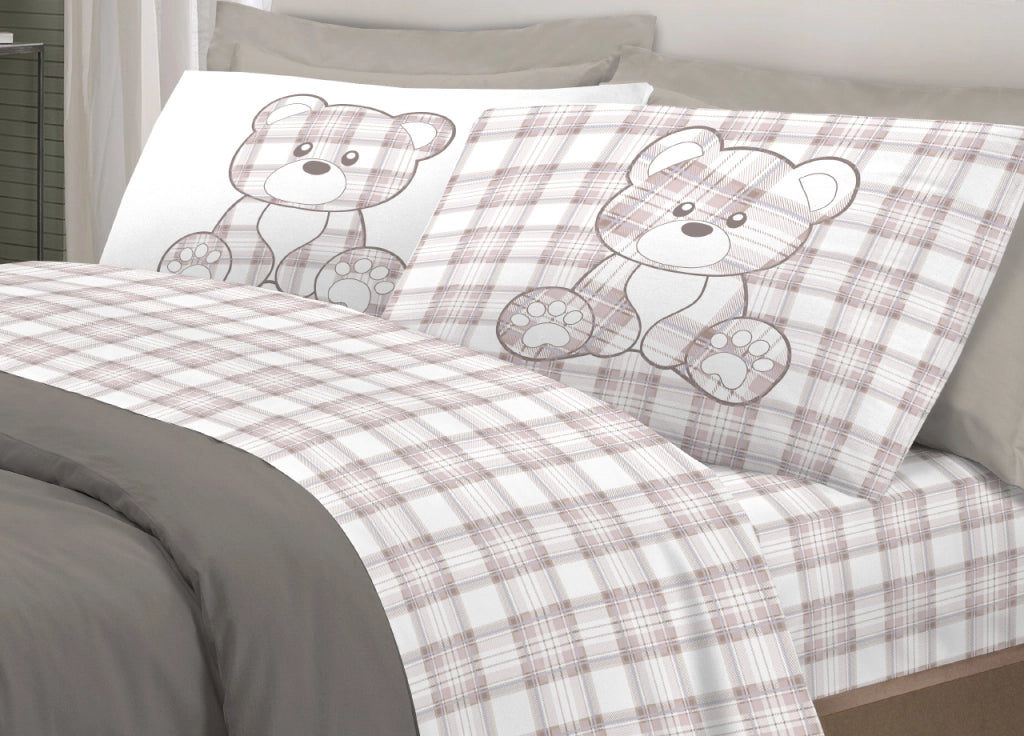 Completo Lenzuola Linea Pensieri Delicati 100% Cotone Orsetto Tartan Primavera - Singolo - Beige