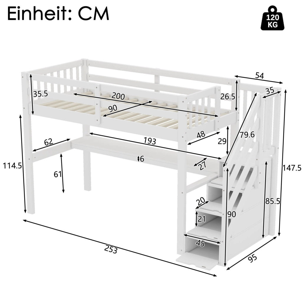 Letto a soppalco 90x200 cm con scrivania e spazio contenitore; pino; bianco (Senza materasso)