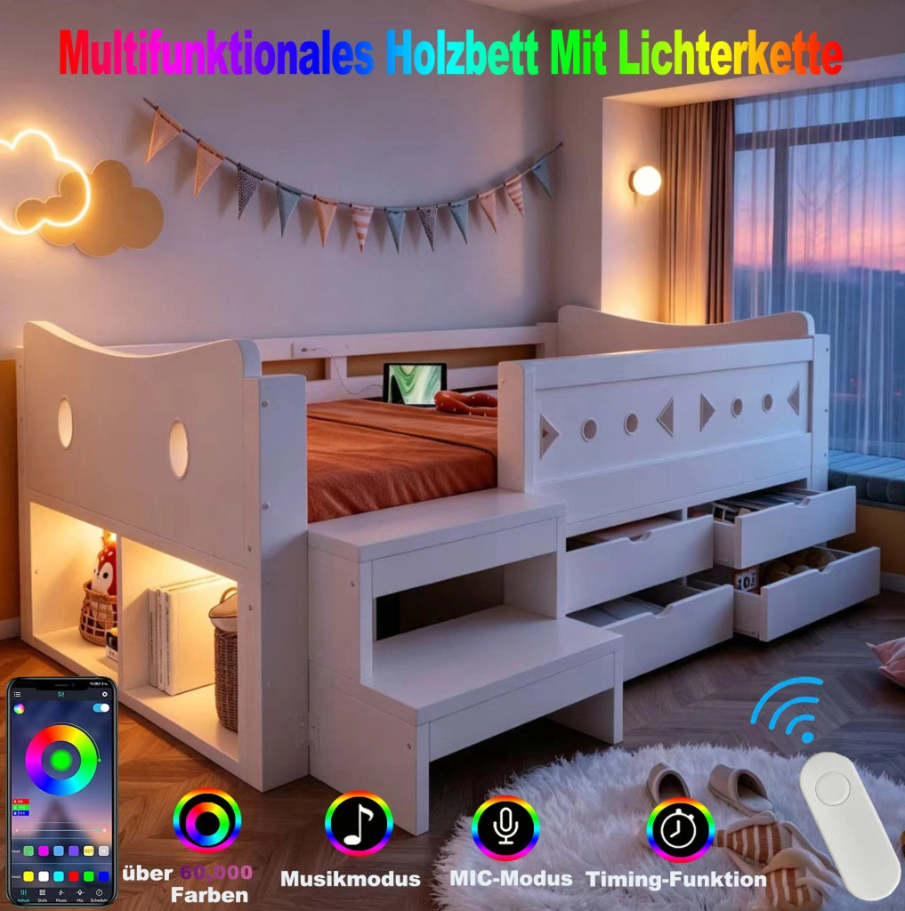 Lettino per bambini 90x200 cm in legno bianco con contenitore; LED e porte USB