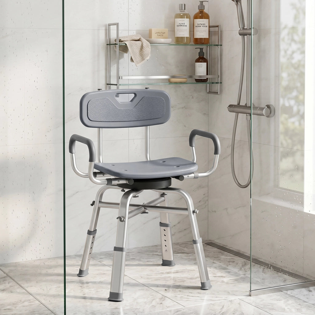 Sedia per Doccia Girevole 57x48x74-86 cm con Braccioli Schienale Capacità 150 kg in Alluminio e HDPE Grigio
