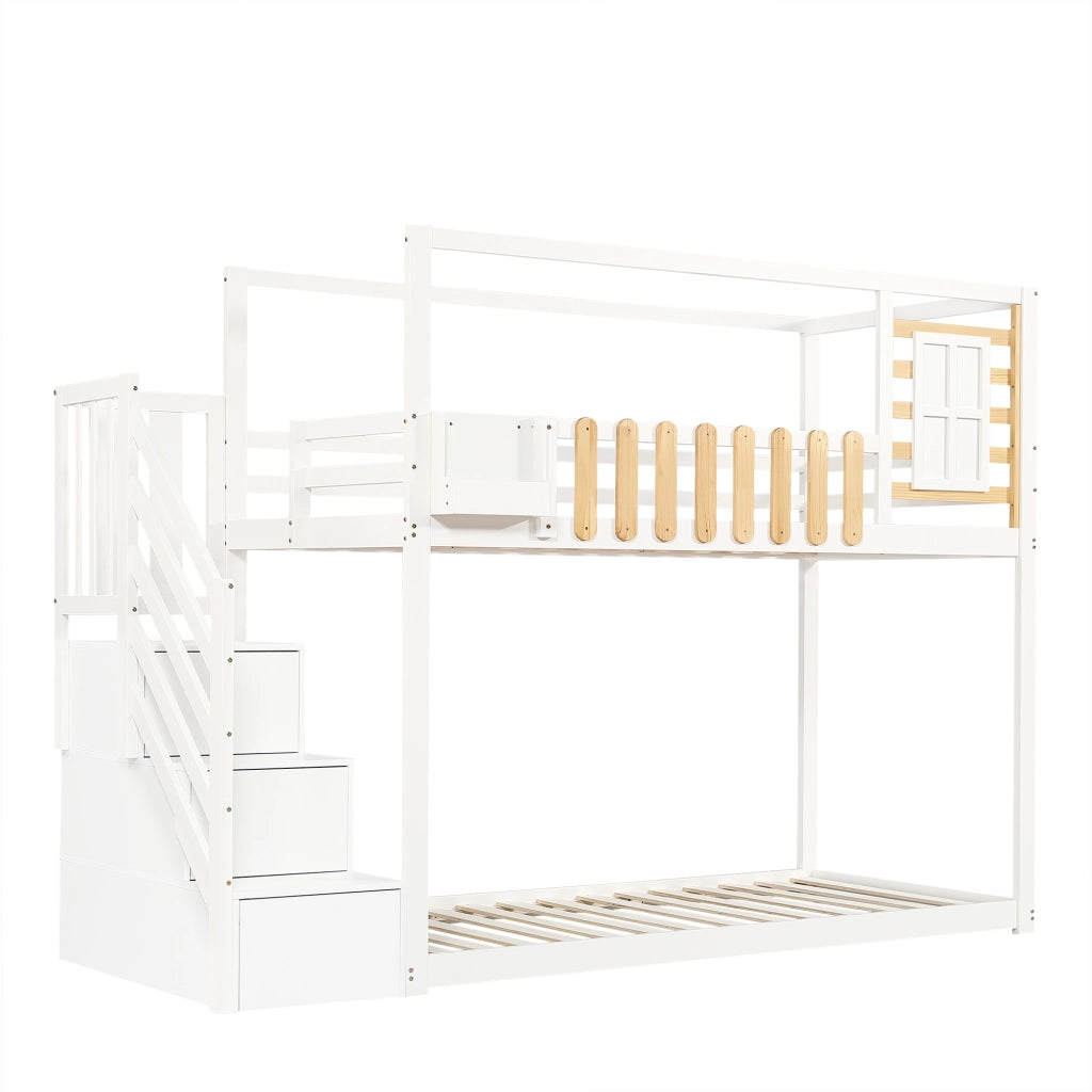 Letto a castello con scala, finestra e vani contenitore, 90x200 cm, bianco e naturale