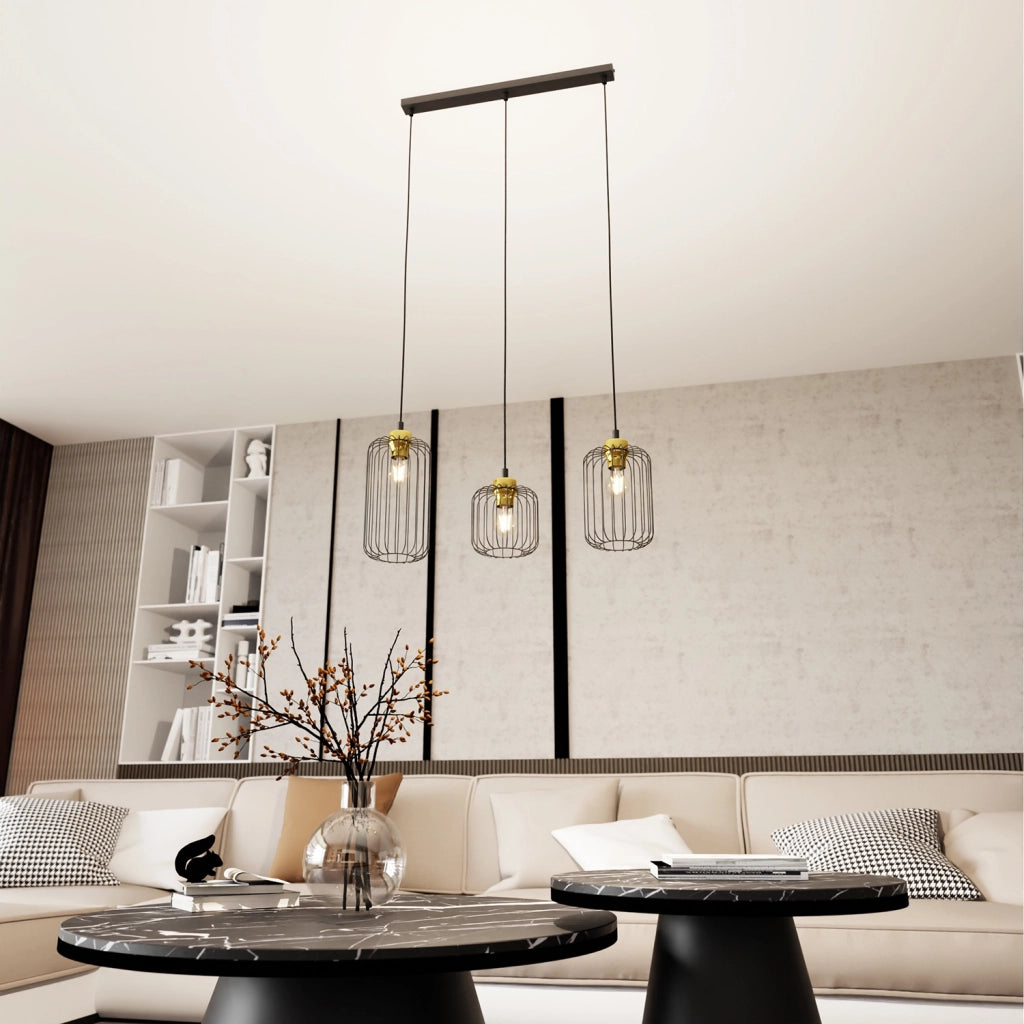 Sospensione Minimal Industrial Donar 3 Luci Lineari Nera E Oro