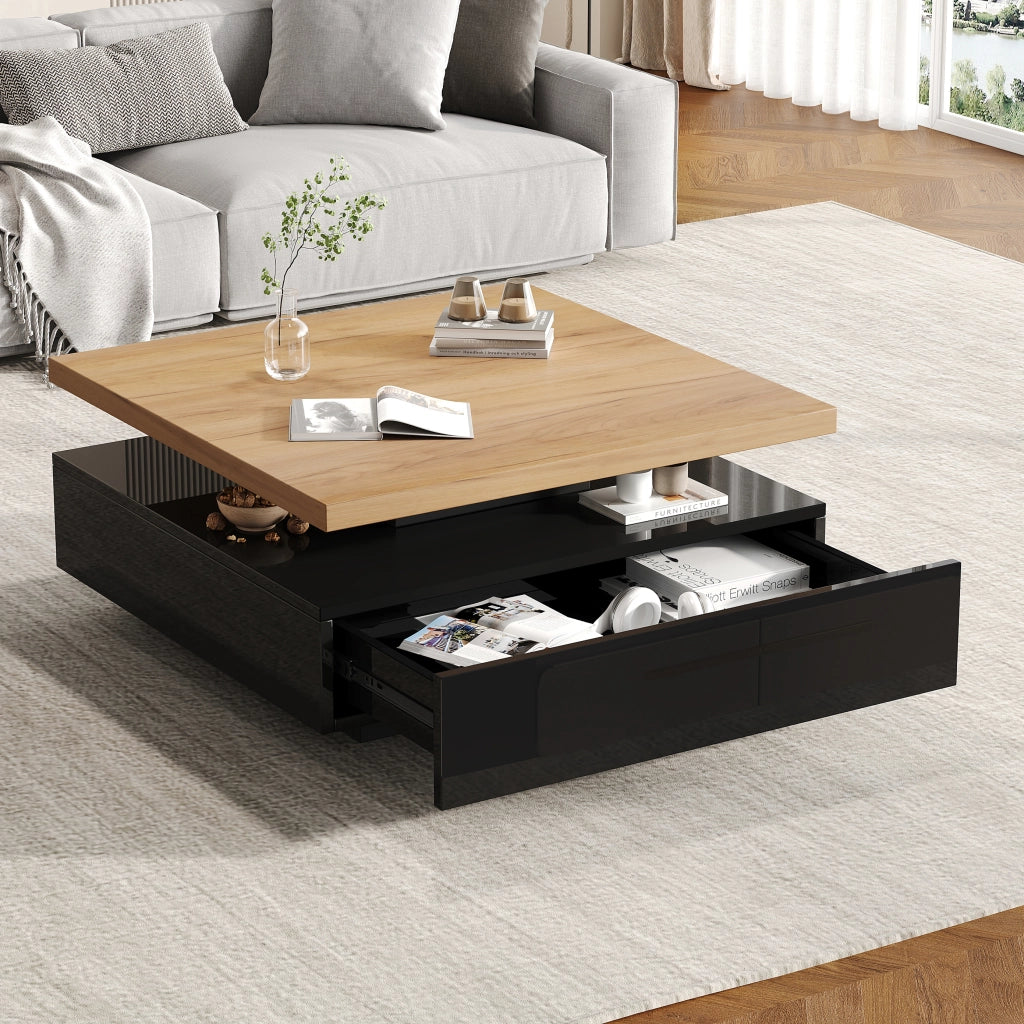Tavolino basso con piano girevole a 360° e vano contenitore, per soggiorno, in truciolare, noce e nero, 70 × 70 × 36 cm