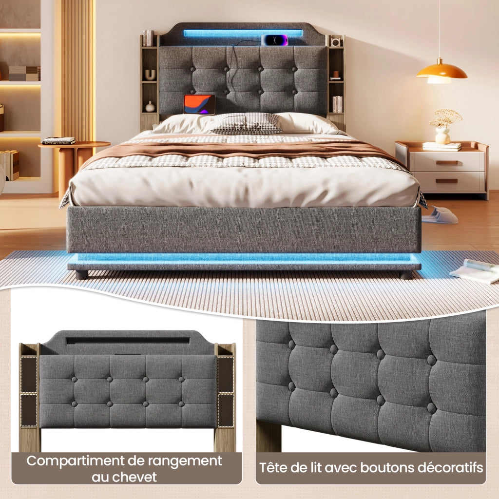 Letto Contenitore 140 x 200 cm; 2 Posti; USB; Type-C e LED; in Lino; Grigio