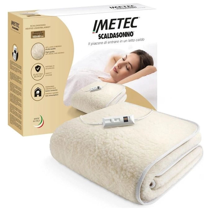 Imetec 16799B Comfort Scaldasonno Singolo 80x150 cm 50% Lana e Merino 2 Temperature ElectroBlock colore Naturale