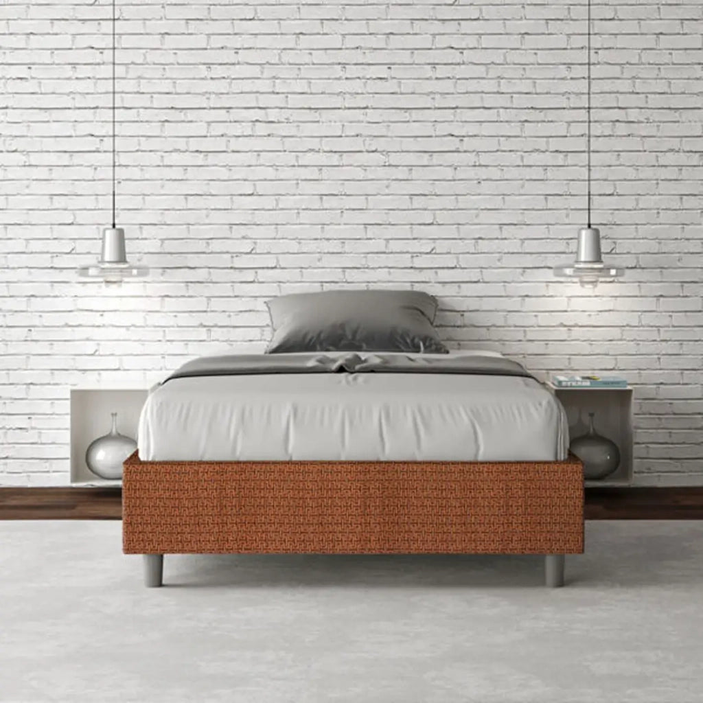 Letto una piazza e mezza contenitore imbottito 120x200 tessuto Labirinto 4 arancio Azelia