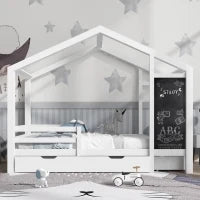 Letto per Cameretta, 6+ Anni con Lavagna e Recinzione, 2 Cassetti, Struttura in Pino 90x200 cm, Bianco