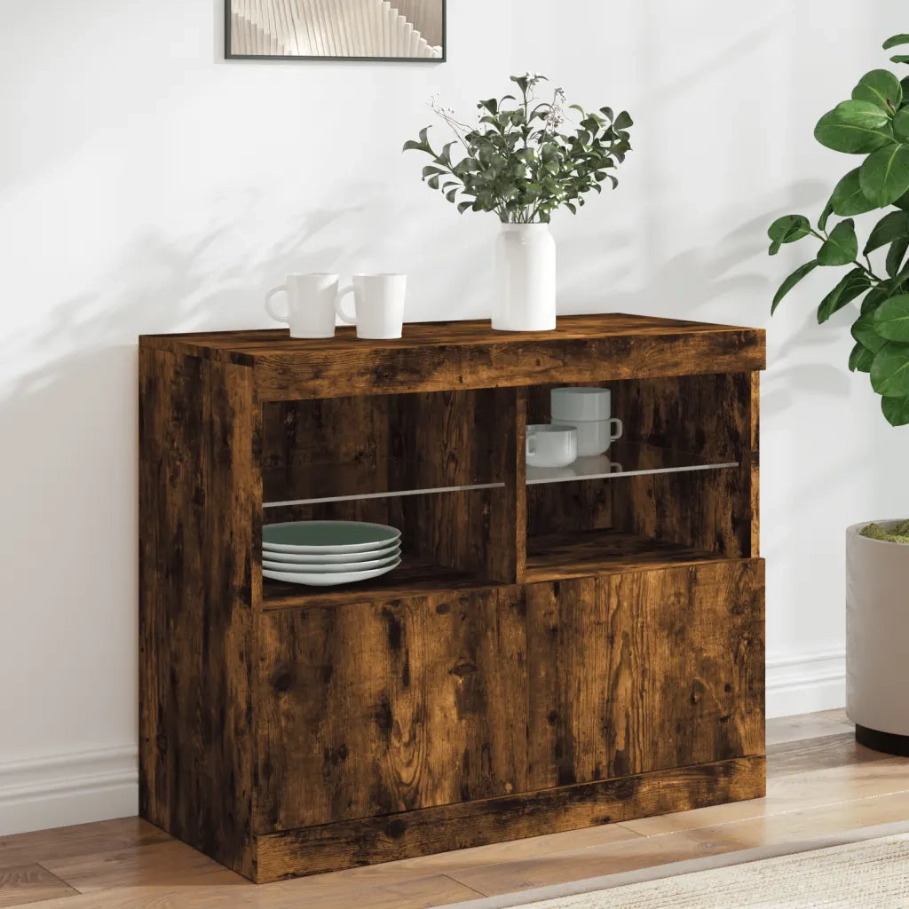 Credenza con Luci LED-Buffet-Armadio da cucina Rovere Fumo 81x37x67 cm