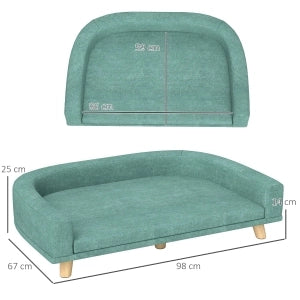 Divano per Cani Imbottito con Cuscino Rimovibile, Gambe in Legno di Pino, Verde, 98 x 67 x 25 cm