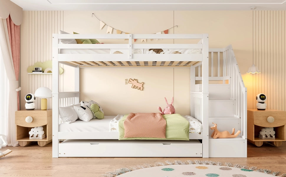 DESMIU Letto a castello 1 posto 90 × 200 cm con ripiani a scala, letto estraibile, senza materasso, bianco