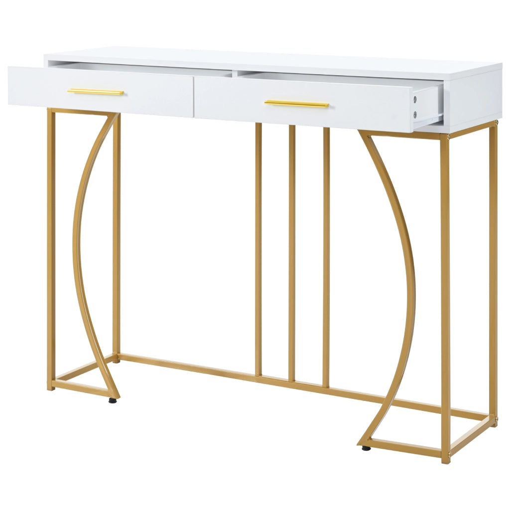 OKWISH Consolle da Ingresso con 1 Cassetto e Piedini Regolabili, Piano in MDF e Struttura in Metallo, Bianca
