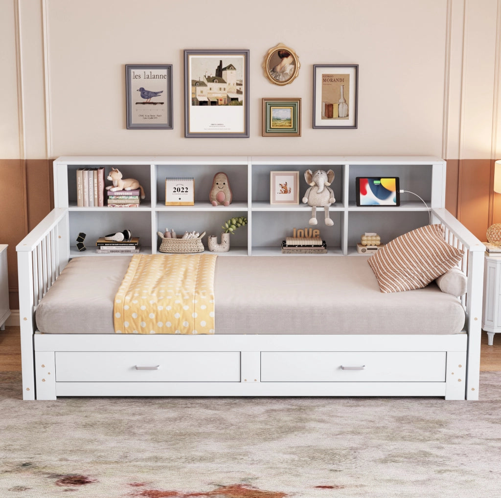 Divano letto estraibile 90x190/180x190 cm con cassetti, bianco