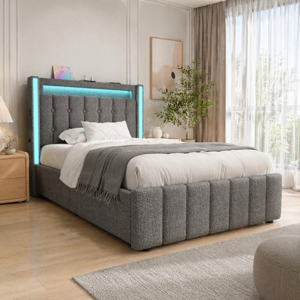 Letto singolo 90x200 cm in lino grigio con LED; USB e 2 cassetti laterali