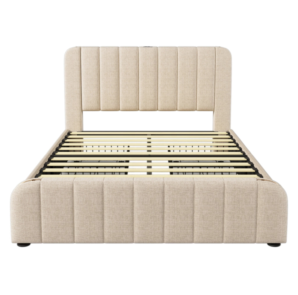 Letto matrimoniale contenitore 140x200 cm con USB C e 4 cassetti; lino beige