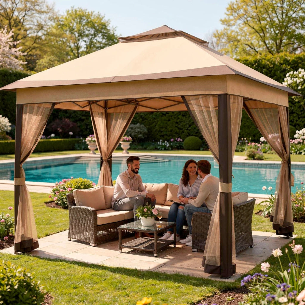 Gazebo Da Giardino Pop Up 3.33 X 3.33 Metri Altezza Regolabile Da 2.7 A 2.9 M Con Zanzariere Removibili Apertura Rapida E Borsa Trasporto Per Eventi Patio Piscina Campeggio Feste Kaki