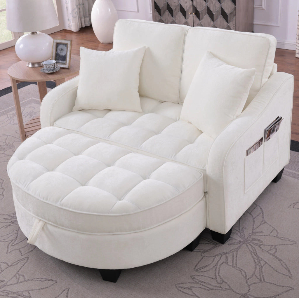 Divano letto 2 in 1 trasformabile con pouf contenitore 132x129x93 cm in eucalipto; beige