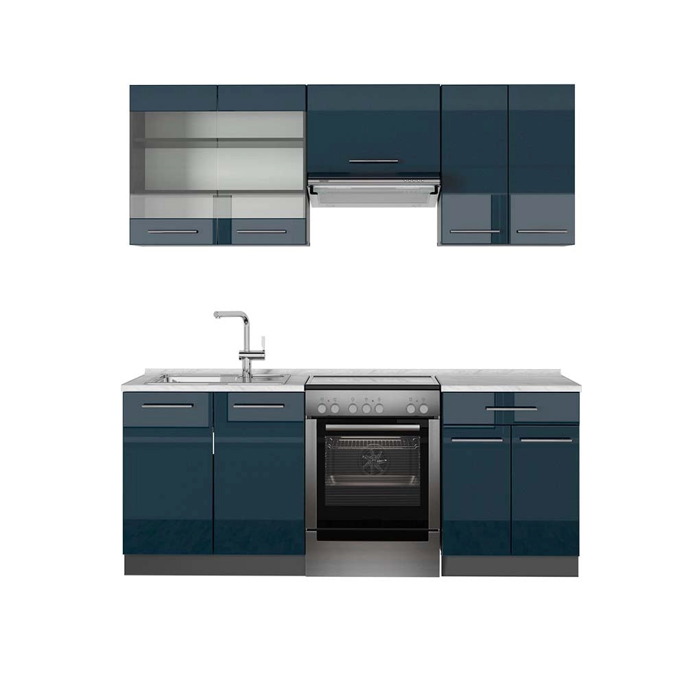 Mobili da cucina Fame-Line Blu scuro lucido/Antracite 200 cm, PL Marmo Vicco