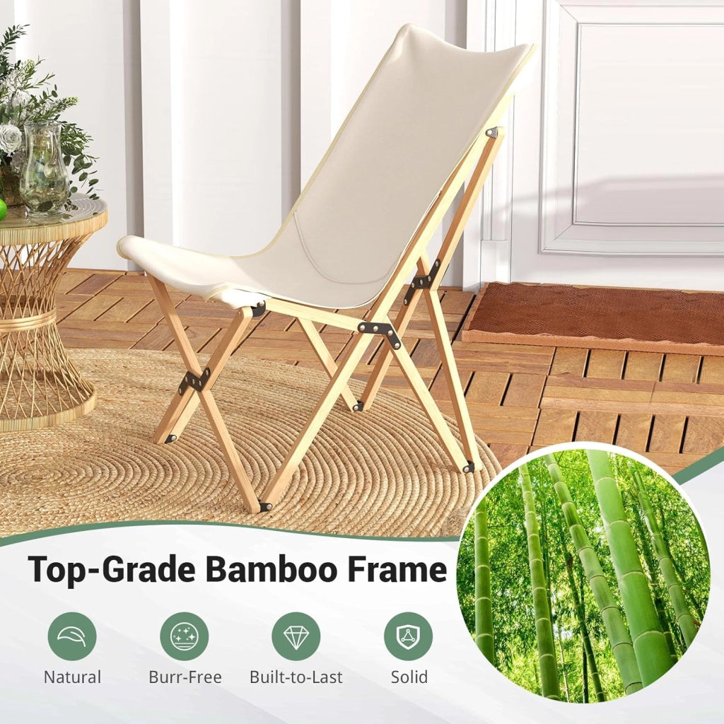 Set di 2 sedie a sdraio, sedia da giardino con tasca laterale, sedia pieghevole in bambù, con borsa per il trasporto, sedia da spiaggia fino a 150 kg, per campeggio, pesca (beige)