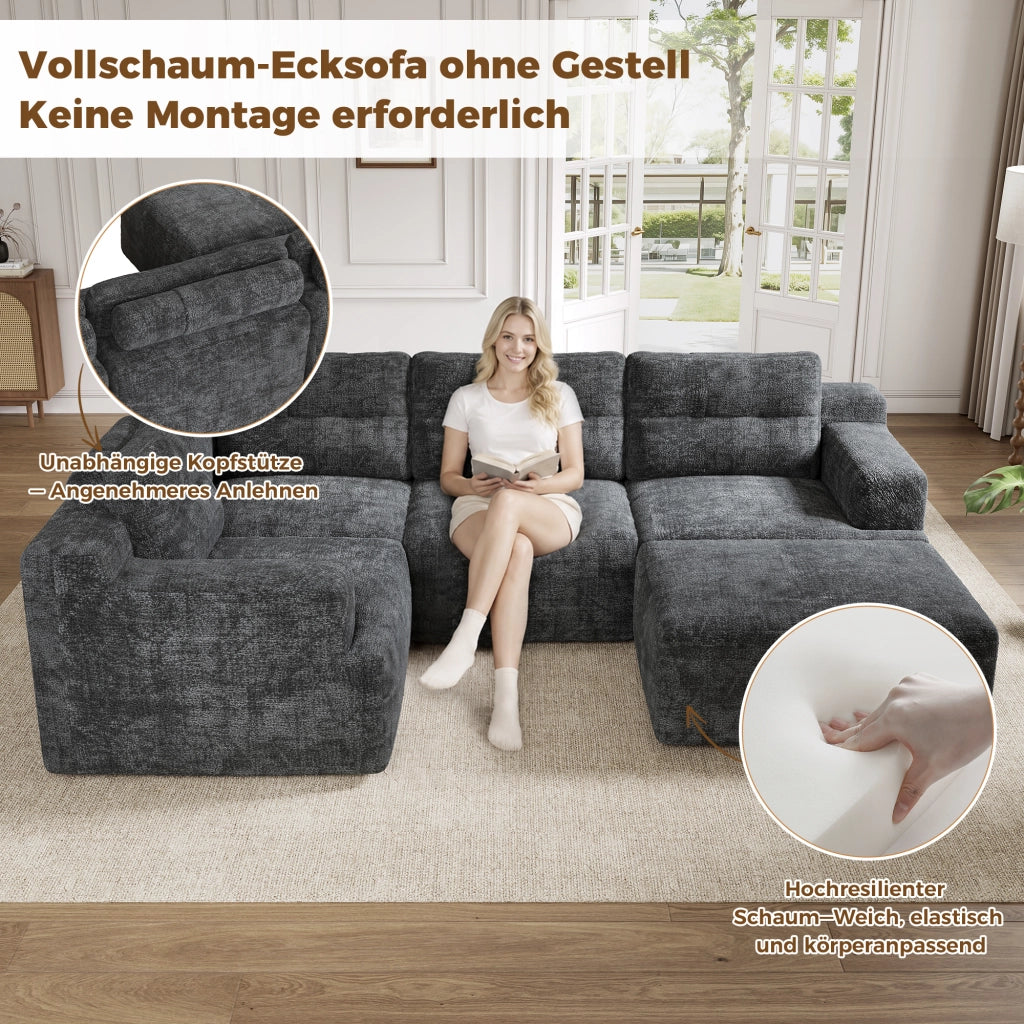 Divano panoramico a U modulare con schiuma integrale e pouf, per 5-6 posti, in chenille grigio 252 × 180 × 82 cm