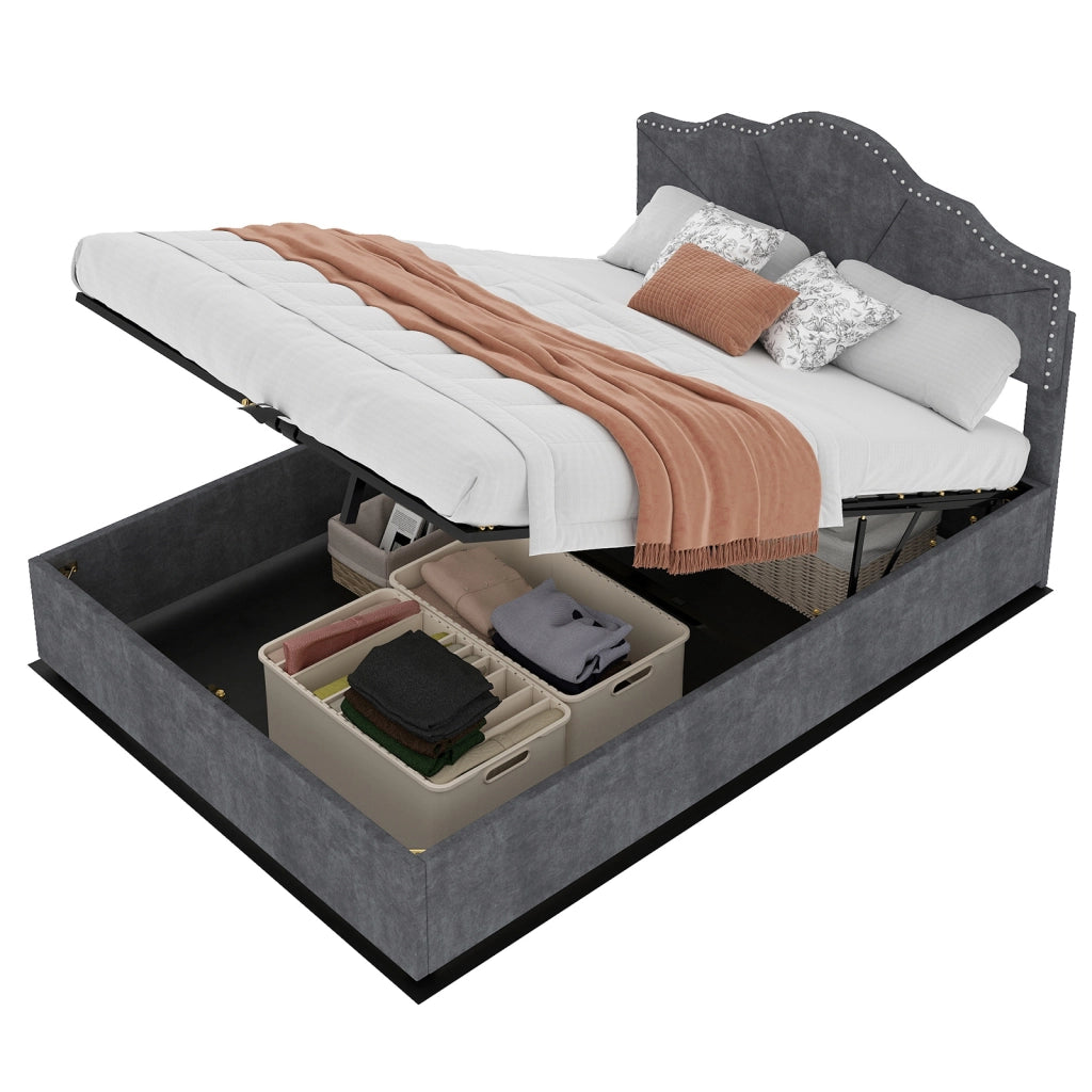 Letto Contenitore Imbottito ¨C MINIMAL ¨C Grigio 160x200 con Testiera, Doghe e Sollevamento Idraulico