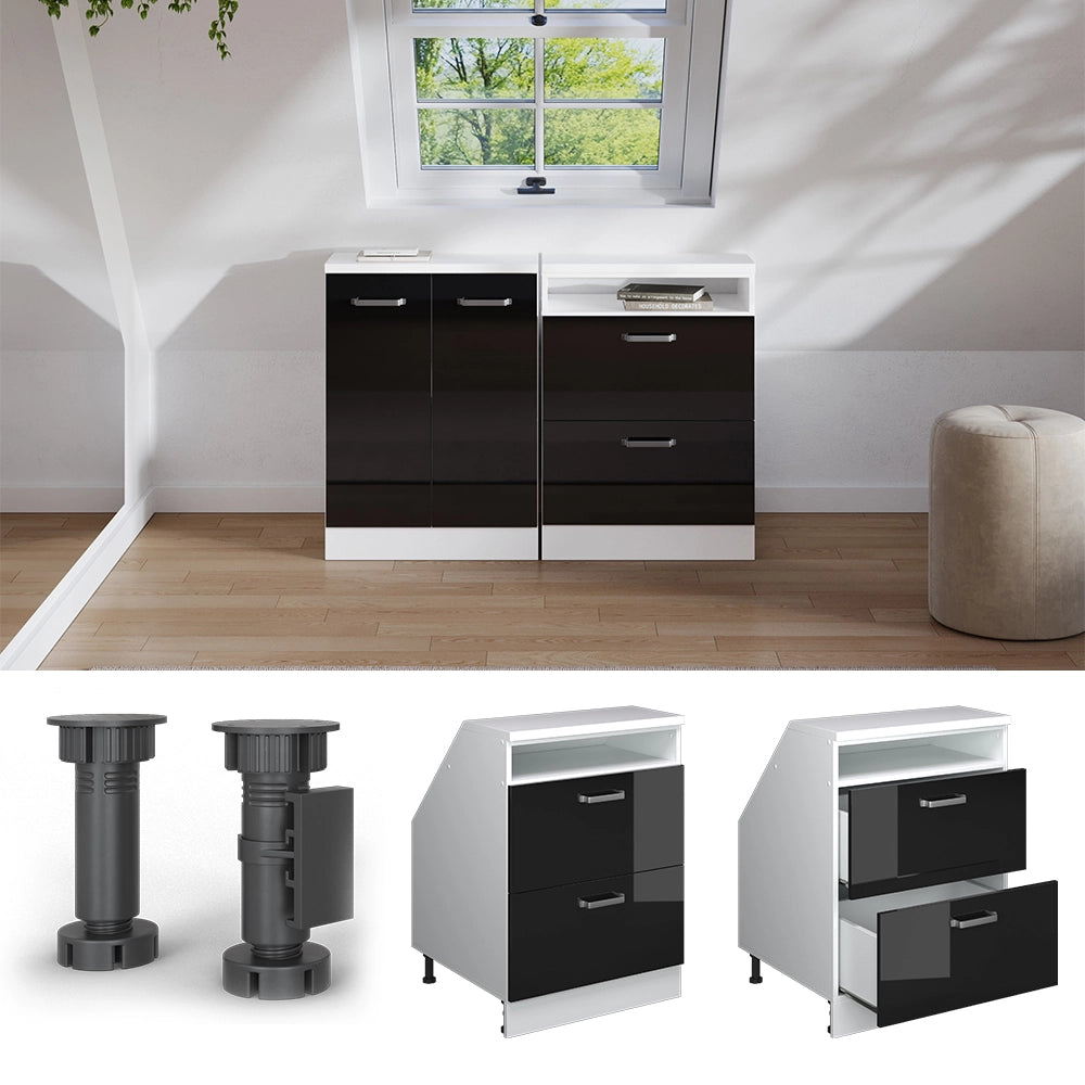 Mobile sottotetto Rion Nero lucido/Bianco 60 x 83.8 cm con 2 cassetti, carcassa 60 cm profondità Vicco